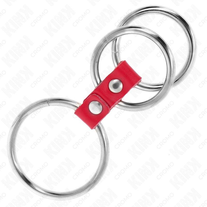 KINK - ANELLO PER PENE IN TRIPLO METALLO DA 3,7 CM A 5 CM COLLEGATO CON PELLE ROSSA – Anelli per pene in metallo BDSM – foto 3