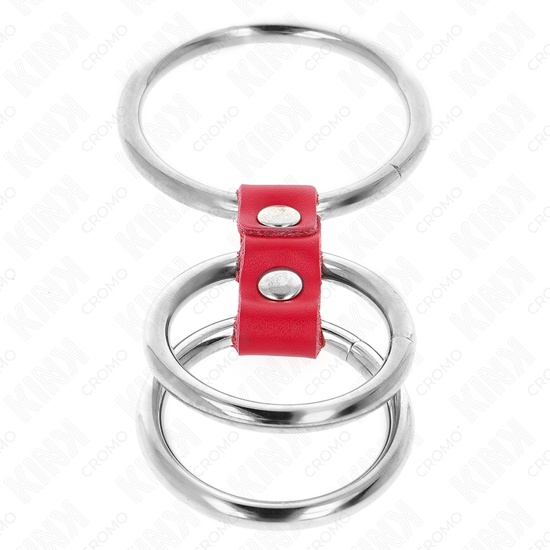 KINK - ANELLO PER PENE IN TRIPLO METALLO DA 3,7 CM A 5 CM COLLEGATO CON PELLE ROSSA – Anelli per pene in metallo BDSM – foto 4