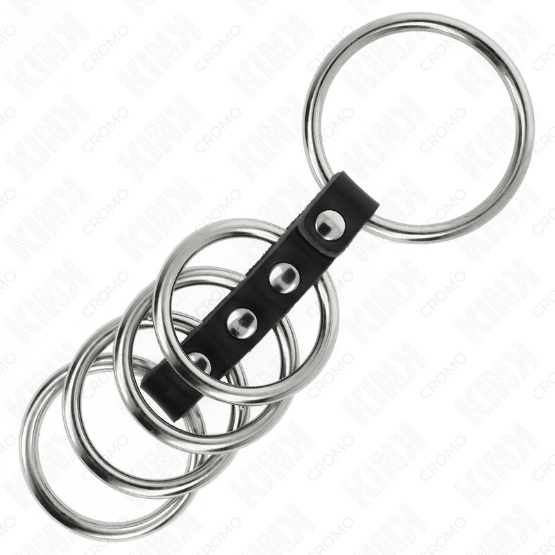 KINK - 5 ANELLI PER PENE DA 3,7 CM A 5 CM METALLO COLLEGATI DA PELLE – Anelli per pene in metallo BDSM – foto 4