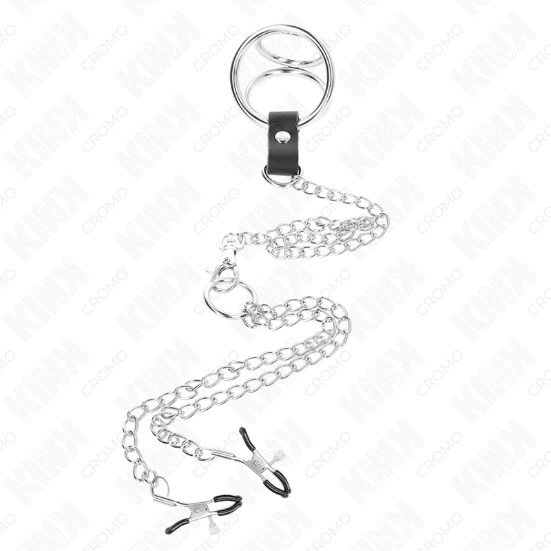 KINK - ANELLO PER PENE IN METALLO CROMATO TRIPLO DA 3,8 CM A 5 CM CON CATENA IN METALLO DA 26 CM E MORSETTI PER CAPEZZOLI MOD1 – Anelli per pene in metallo BDSM – foto 3