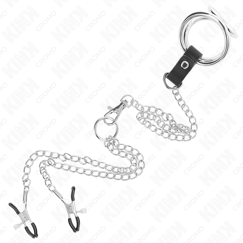 KINK - ANELLO PER PENE IN METALLO CROMATO TRIPLO DA 3,8 CM A 5 CM CON CATENA IN METALLO DA 26 CM E MORSETTI PER CAPEZZOLI MOD1 – Anelli per pene in metallo BDSM – foto 5