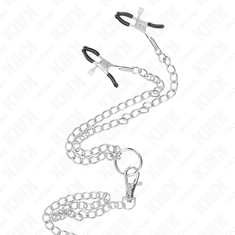 KINK - ANELLO PER PENE IN METALLO CROMATO TRIPLO DA 3 CM A 4,5 CM CON CATENA IN METALLO DA 26 CM E CLIP PER CAPEZZOLI – Anelli per pene in metallo BDSM – foto 4
