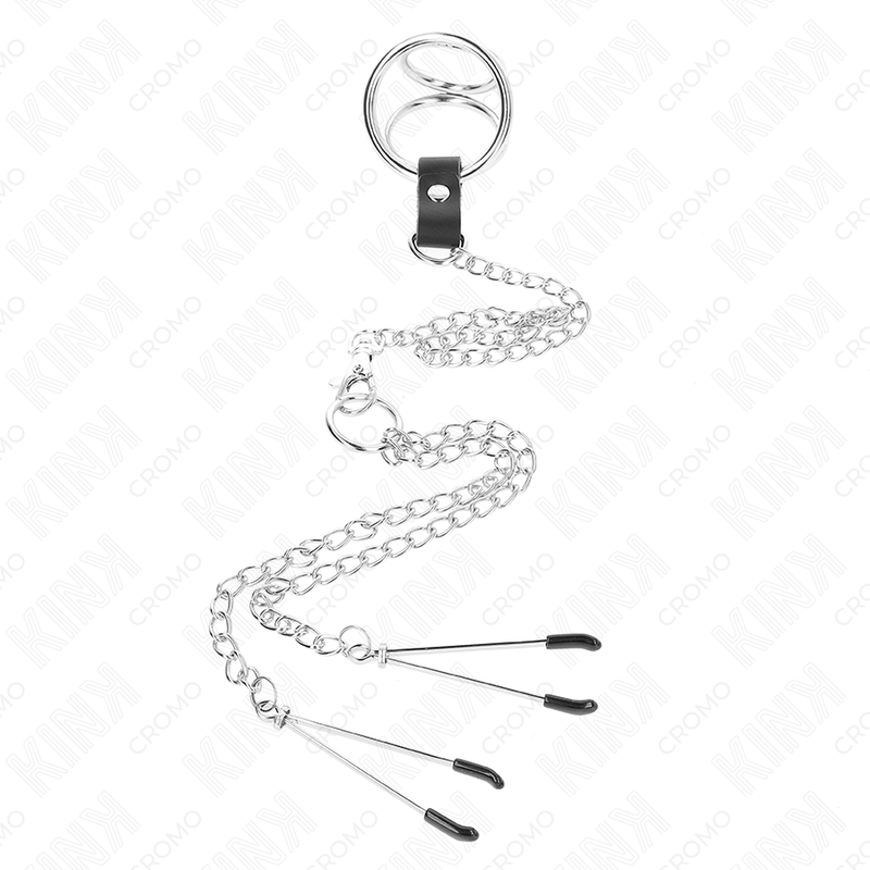 KINK - ANELLO PER PENE IN METALLO CROMATO TRIPLO DA 3,8 CM A 5 CM, CATENA IN METALLO DA 26 CM E MORSETTI PER CAPEZZOLI MOD. 2 – Anelli per pene in metallo BDSM – foto 3