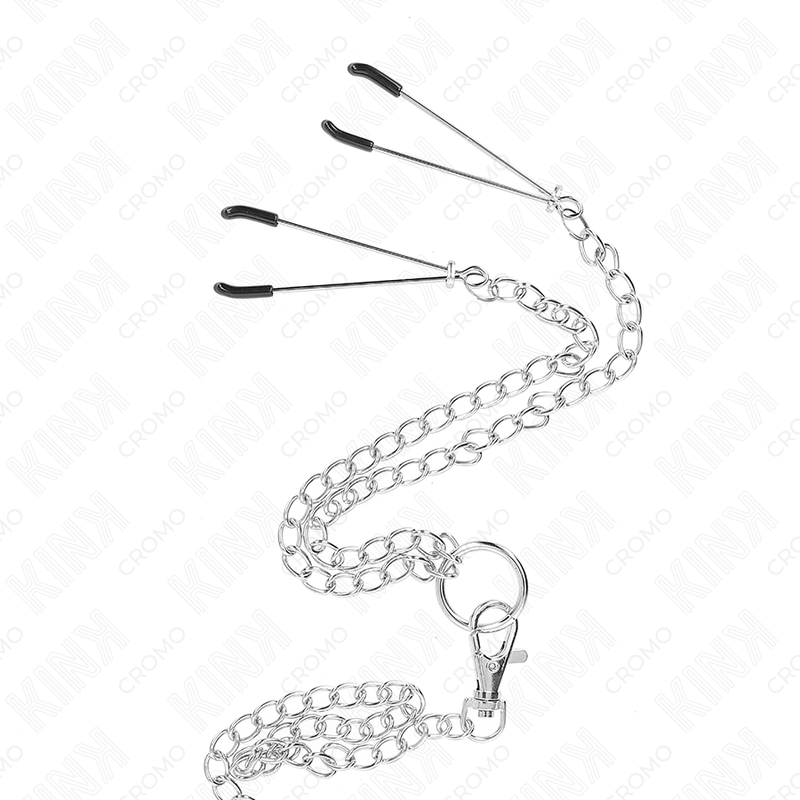 KINK - ANELLO PER PENE IN METALLO CROMATO TRIPLO DA 3,8 CM A 5 CM, CATENA IN METALLO DA 26 CM E MORSETTI PER CAPEZZOLI MOD. 2 – Anelli per pene in metallo BDSM – foto 4