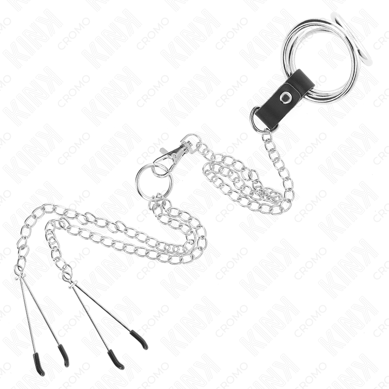 KINK - ANELLO PER PENE IN METALLO CROMATO TRIPLO DA 3,8 CM A 5 CM, CATENA IN METALLO DA 26 CM E MORSETTI PER CAPEZZOLI MOD. 2 – Anelli per pene in metallo BDSM – foto 5