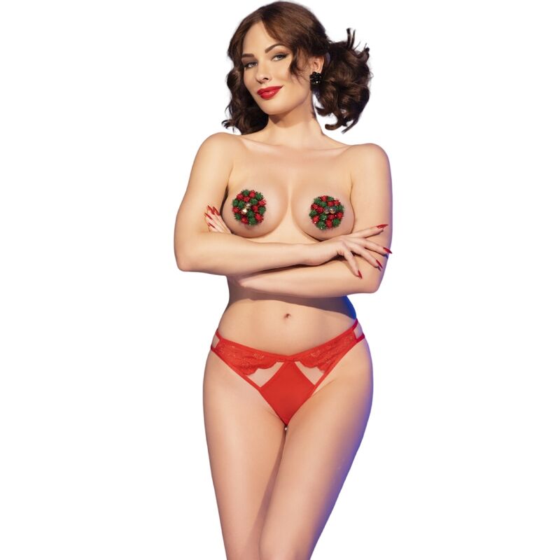 CHILIROSE - CR 4839 SET NATALE COPRI CAPEZZOLI + SLIP ROSSO L/XL – Insieme sexy della biancheria