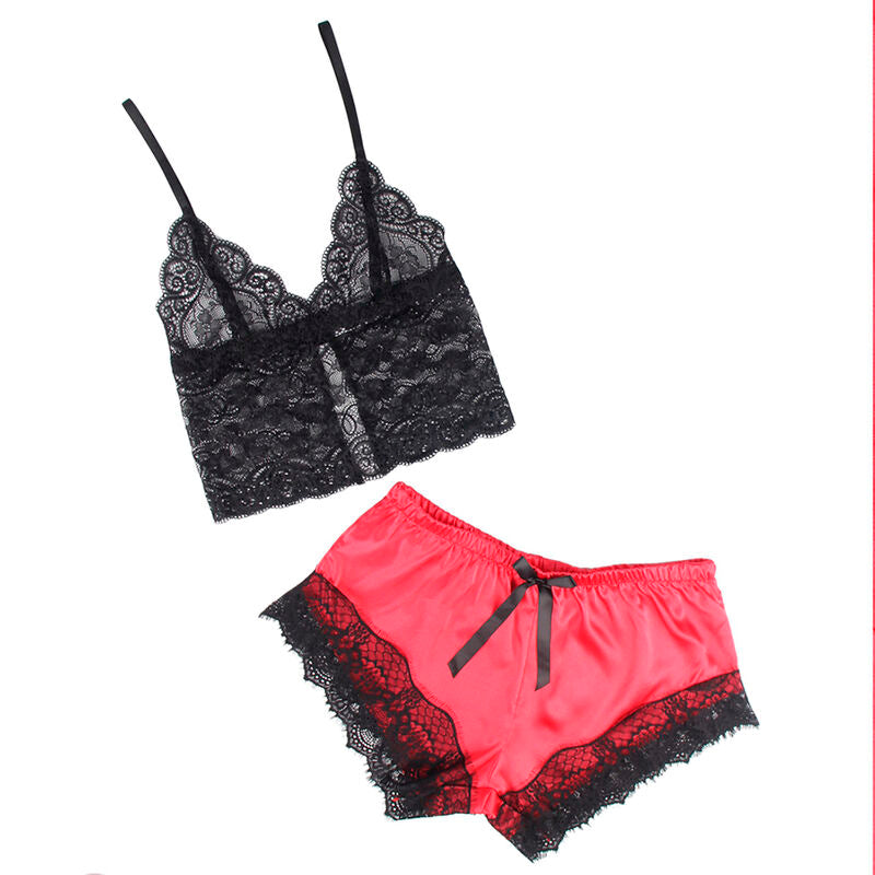 SUBBLIME - 953959 CAMICIA DA NOTTE CASUAL IN SETA + PANTALONI IN PIZZO NERO/ROSSO S/M – Insieme sexy della biancheria – foto 4