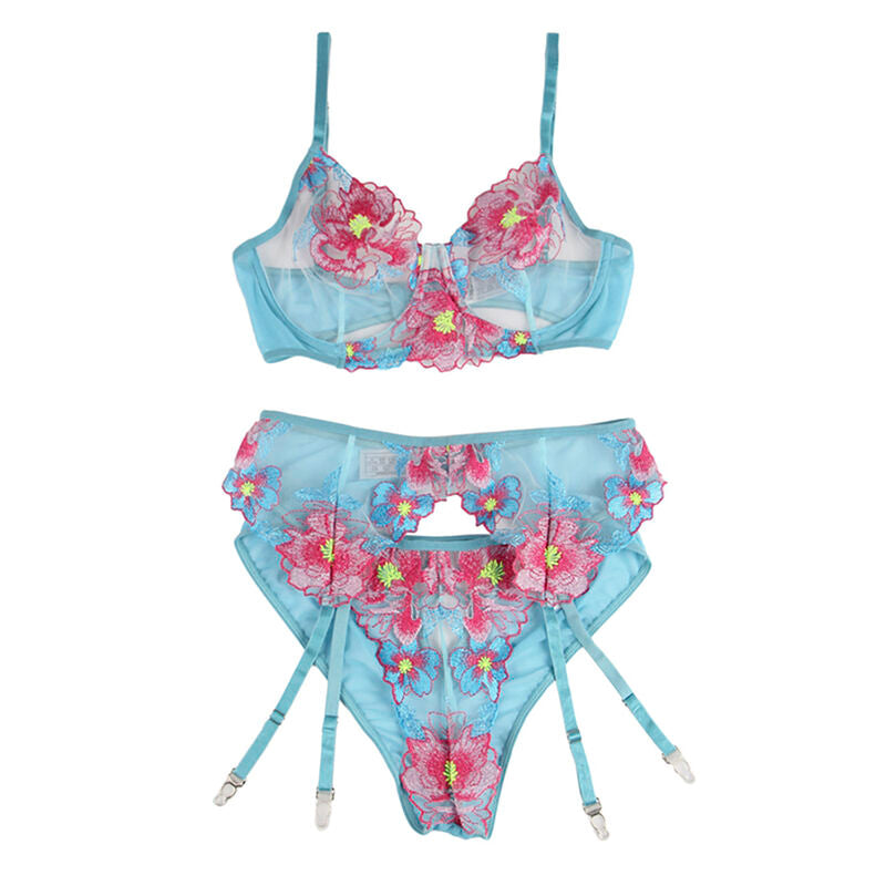 SUBBLIME - 954116 REGGISENO + SLIP CON CINTURA REGGISENO FLOREALE BLU L/XL – Insieme sexy della biancheria – foto 5