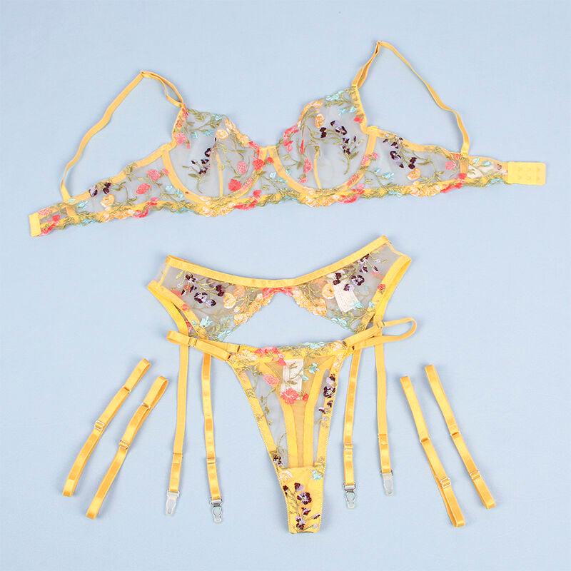 SUBBLIME - 954352 REGGISENO + PERIZOMA + CINTURA CON FIORI GIALLO L/XL – Insieme sexy della biancheria – foto 7