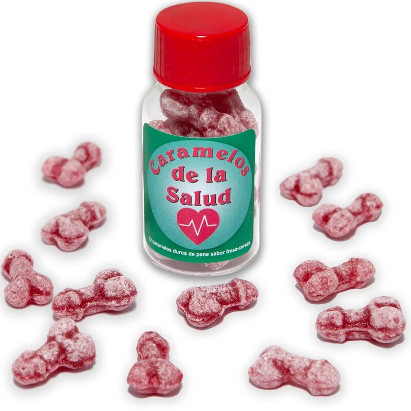 DIABLO PICANTE - 12 CARAMELLE DELLA SALUTE A FORMA DI PENE FRAGOLA/CILIEGIA – Giochi di addio singoli