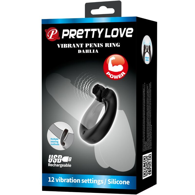 PRETTY LOVE - ANELLO VIBRANTE DAHLIA + STIMOLATORE CLITORIDEO 12 VIBRAZIONI NERO – Cockring con vibrazione – foto 9