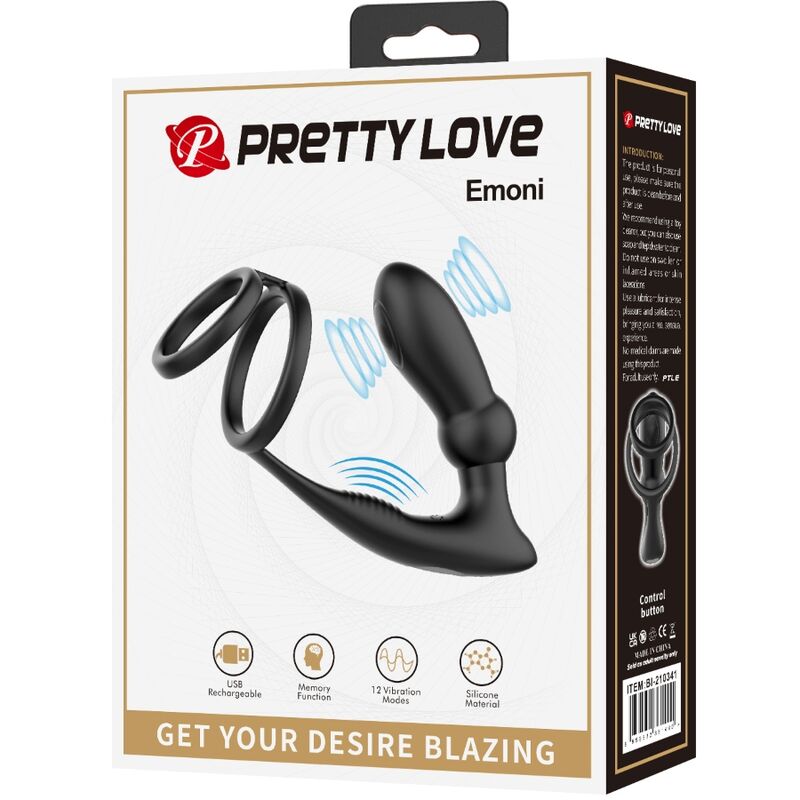 PRETTY LOVE - ANELLO PER PENE EMONI + TAPPO ANALE 12 VIBRAZIONI NERO – Anelli con Spina – foto 8