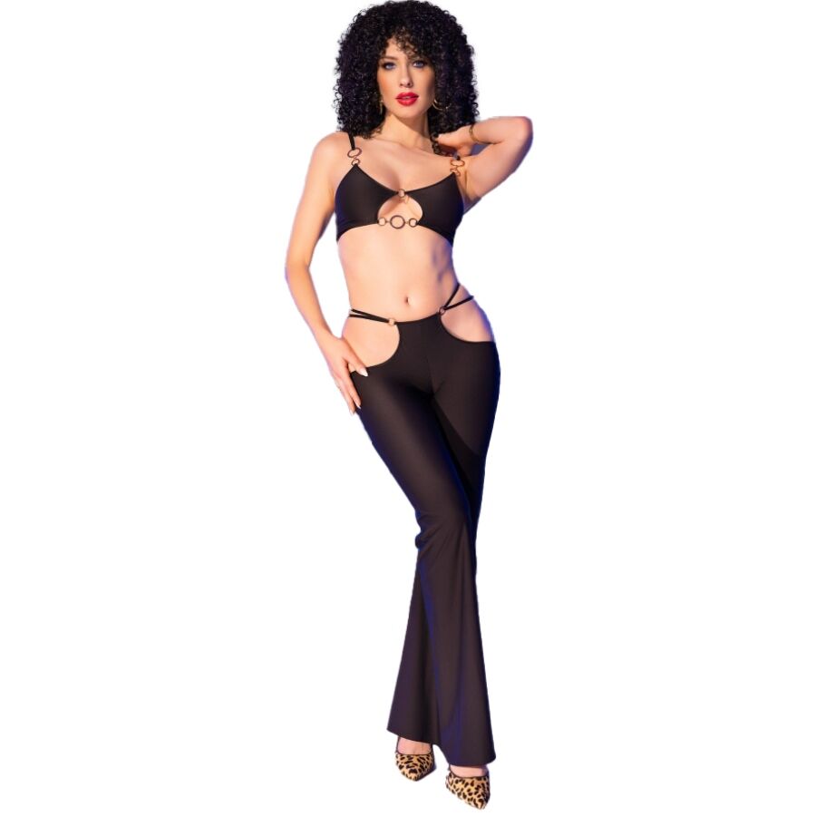 CHILIROSE - CR 4851 SET TOP E LEGGINGS NERI CON ACCESSORI DORATI L – Insieme sexy della biancheria