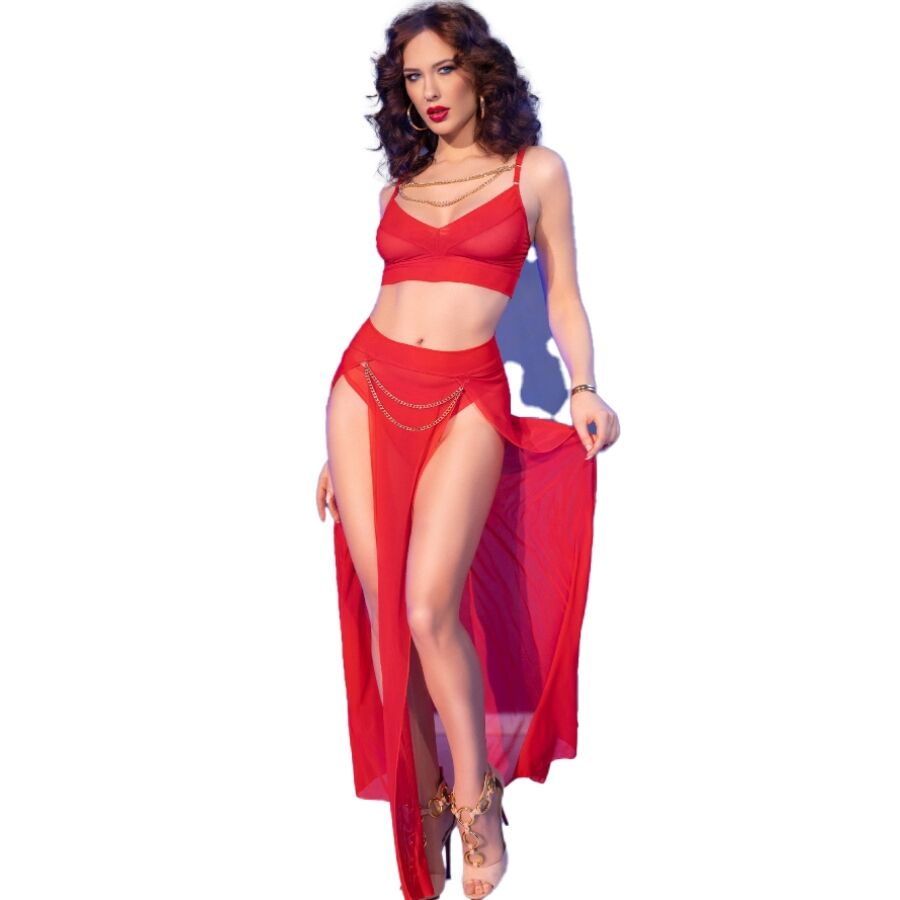 CHILIROSE - CR 4850 SET TOP E LEGGINGS ROSSI CON ACCESSORI DORATI L – Insieme sexy della biancheria