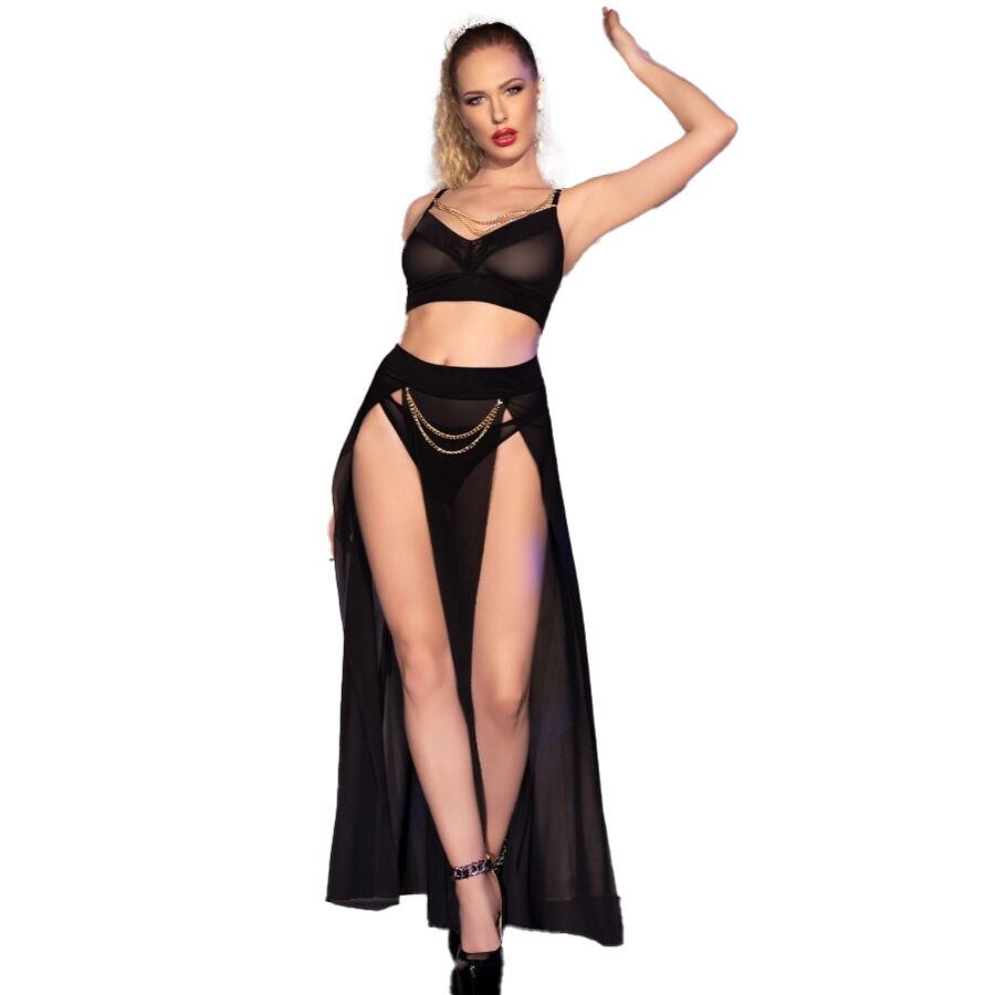 CHILIROSE - CR 4672 GONNA TOP NERA E PERIZOMA CON CATENE ORO S – Insieme sexy della biancheria
