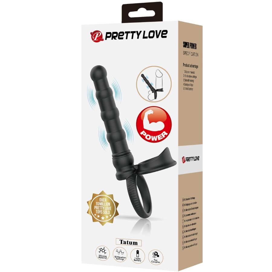 PRETTY LOVE - TATUM ANELLO PER PENE VIBRANTE CON TAPPO 10 VIBRAZIONI NERO – Anelli a doppia penetrazione – foto 8