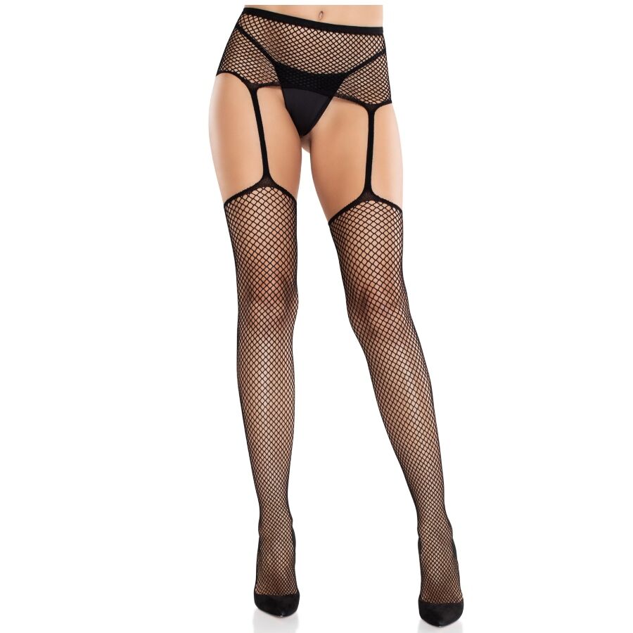 LEG AVENUE - CALZE IN PIZZO CON CROCE E CINTURA REGGICALZE NERE – Calze giarrettiera
