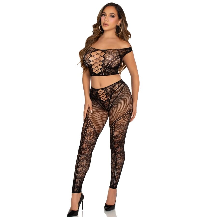 LEG AVENUE - CROP TOP E LEGGING A RETE CON SPALLE SCOPERTE NERO – Top e mutandine – foto 2