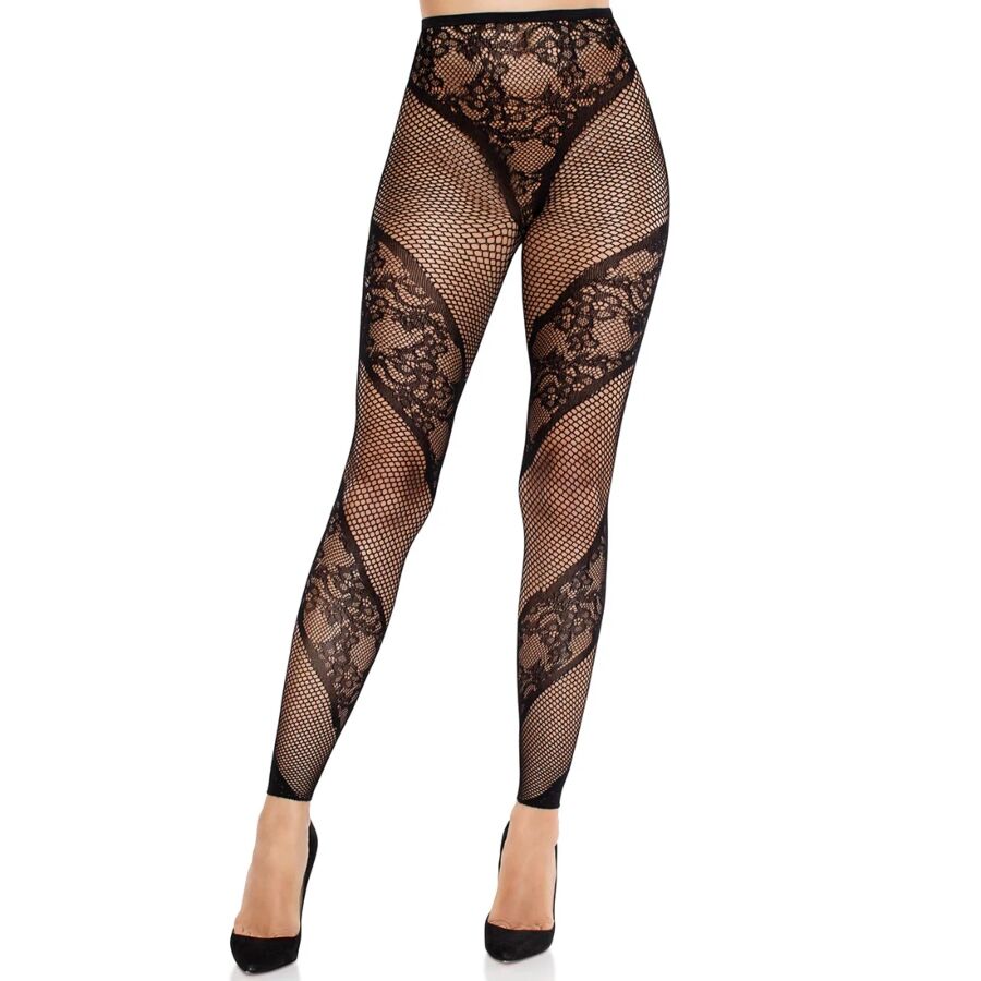 LEG AVENUE - COLLANT SENZA PIEDE IN PIZZO E TRASPARENTE NERO – Calzini