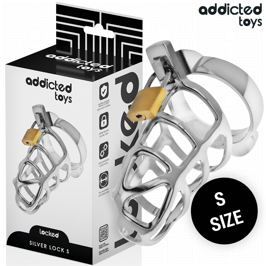 ADDICTED TOYS LOCKED - GABBIA PER PENE IN METALLO CON BLOCCAGGIO ARGENTO TAGLIA S – Gabbie per pene BDSM – foto 2