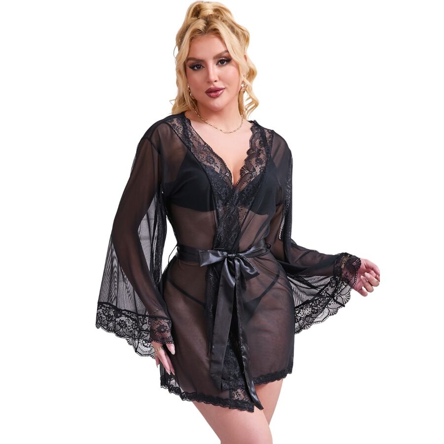 SUBBLIME - VESTAGLIA IN TESSUTO TRASPARENTE CON DETTAGLI IN PIZZO NERO L/XL – Vestaglia