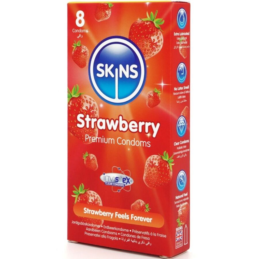 SKINS - PRESERVATIVI PREMIUM ALLA FRAGOLA CONFEZIONE DA 8 – Profumo – foto 2