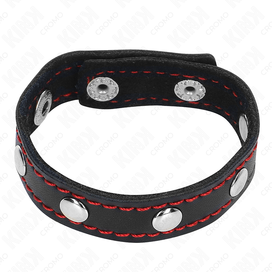 KINK - ANELLO PER PENE IN PELLE CON CHIUSURA A PRESSIONE FODERA ROSSA 21 X 1,5 CM – Anelli per pene in metallo BDSM – foto 3