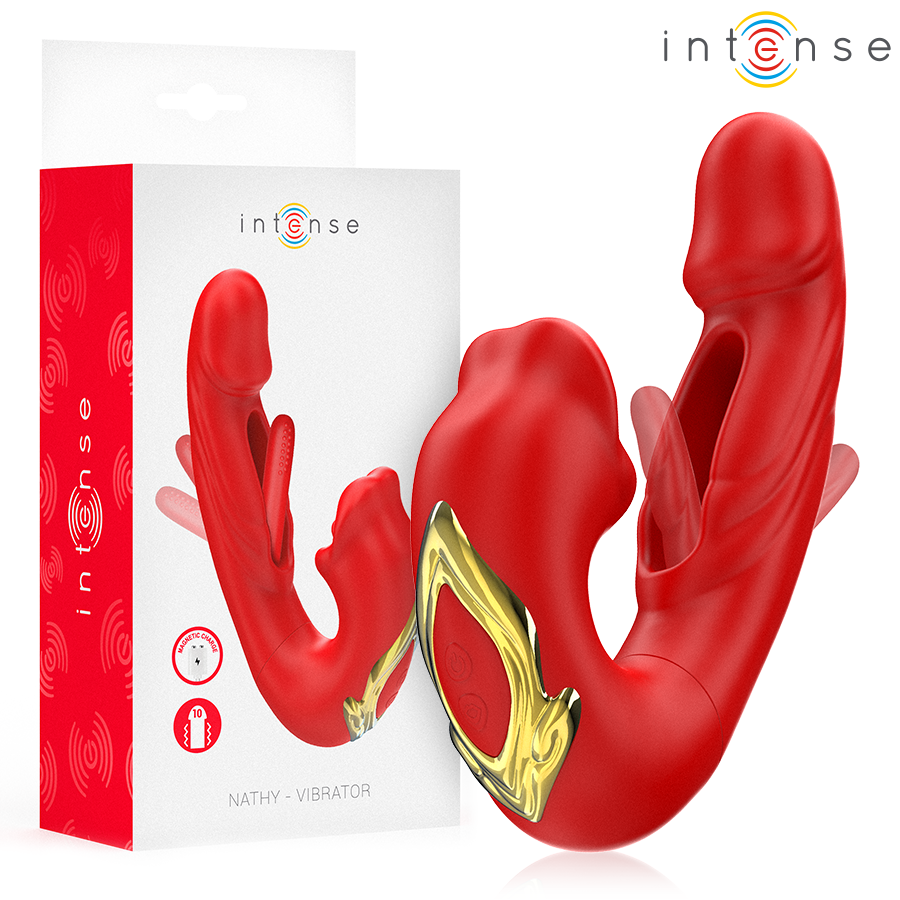 INTENSE - NATHY DOPPIO VIBRATORE CON BOCCA STIMOLANTE MULTIFUNZIONE ROSSO – Vibratore per coppie UD