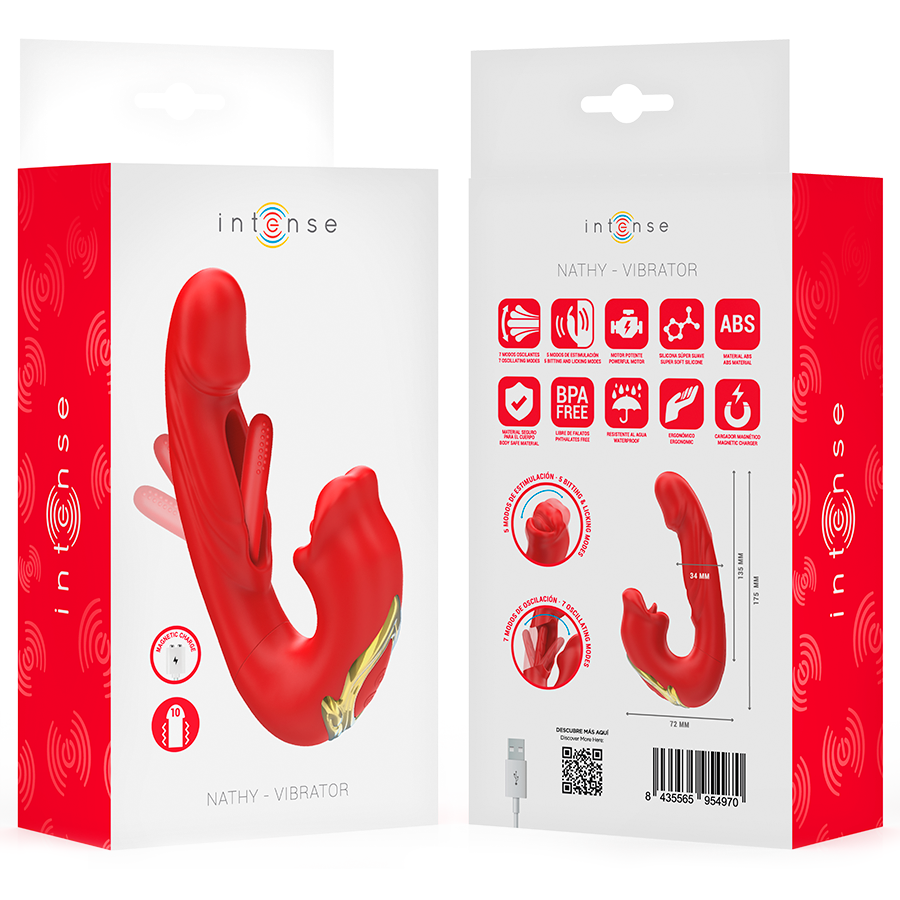 INTENSE - NATHY DOPPIO VIBRATORE CON BOCCA STIMOLANTE MULTIFUNZIONE ROSSO – Vibratore per coppie UD – foto 8