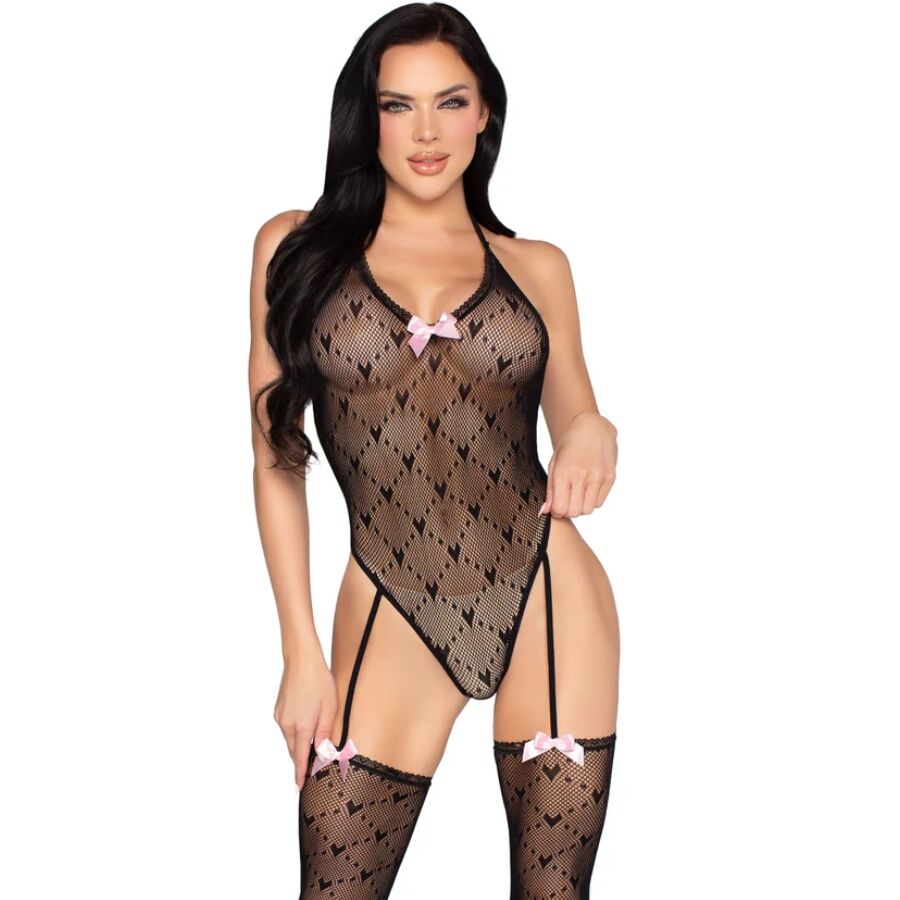 LEG AVENUE - 89360 BODY CON SCHIENA APERTA E CINTURA GIARRETTIERA NERO - TAGLIA UNICA – Babydoll con reggicalze