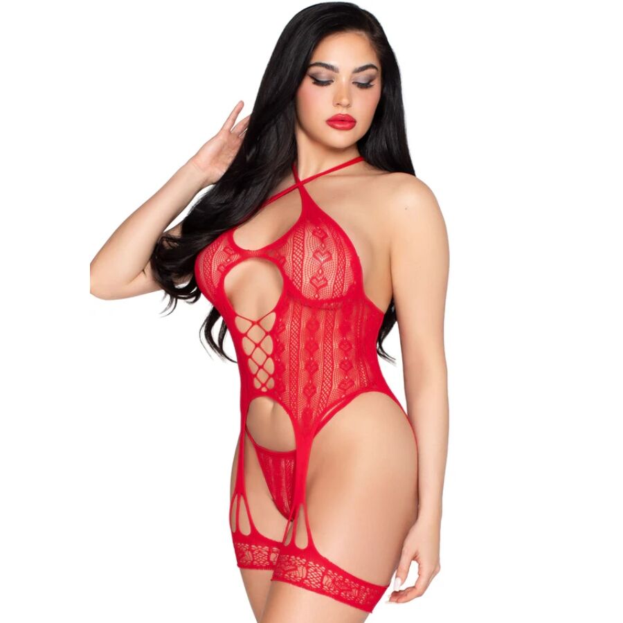 LEG AVENUE - 89338 BODY APERTO IN PIZZO CON CINTURINO E PERIZOMA ROSSO - TAGLIA UNICA – Babydoll con reggicalze – foto 2