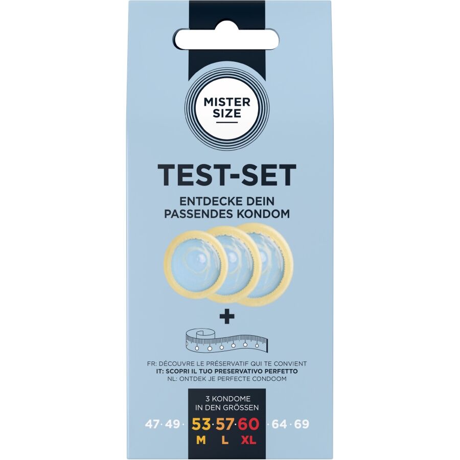 MISTER SIZE - SET DI PROVA 3 PRESERVATIVI DI MISURE DIVERSE + METRO A NASTRO – Adattalo alla tua taglia esatta.