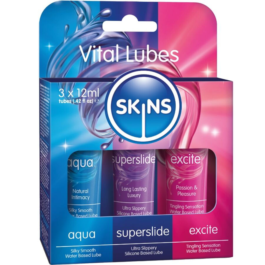 SKINS - KIT LUBRIFICANTI VITALI AQUA, SUPERSLIDE & EXCITE 3 x 12 ML – Kit lubrificanti