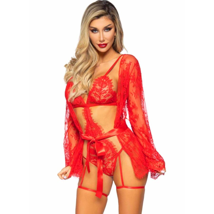 LEG AVENUE - 86123 SET VESTAGLIA TEDDY + GIARRETTIERA ROSSO TAGLIA M – Insieme sexy della biancheria