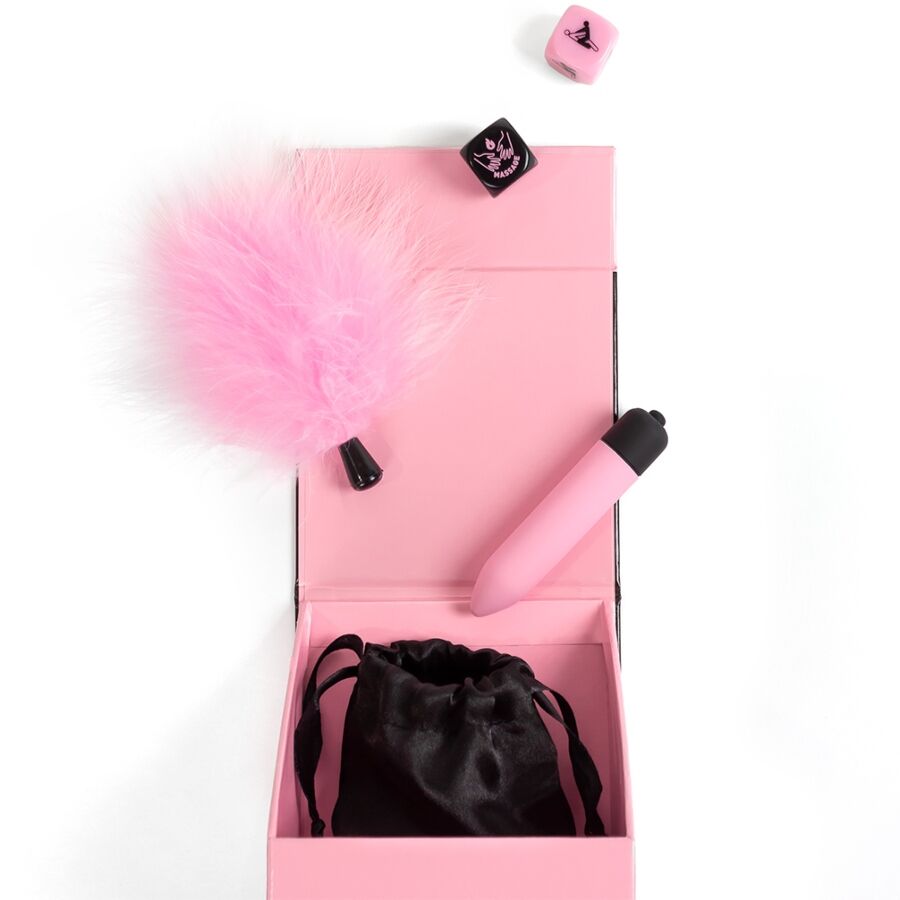SECRET PLAY - PLEASURES BOX PER COPPIE: DADI + PROIETTILE VIBRANTE + PENNA CON PIUMA – Giochi di coppia – foto 5