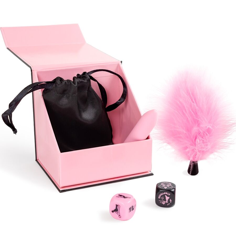 SECRET PLAY - PLEASURES BOX PER COPPIE: DADI + PROIETTILE VIBRANTE + PENNA CON PIUMA – Giochi di coppia – foto 3