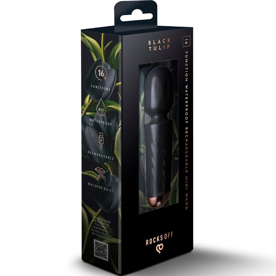 ROCKS-OFF - MINI BACCHETTA RICARICABILE 16 FUNZIONI TULIPANO NERO – Vibratore WAND – foto 6