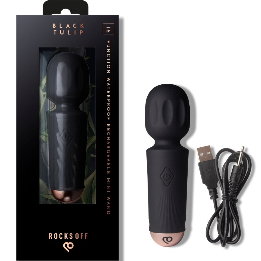 ROCKS-OFF - MINI BACCHETTA RICARICABILE 16 FUNZIONI TULIPANO NERO – Vibratore WAND