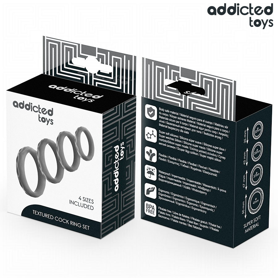 ADDICTED TOYS - SET DI ANELLI PER IL PENE TESTURIZZATI 4 MISURE – Cockring senza vibrazione – foto 3