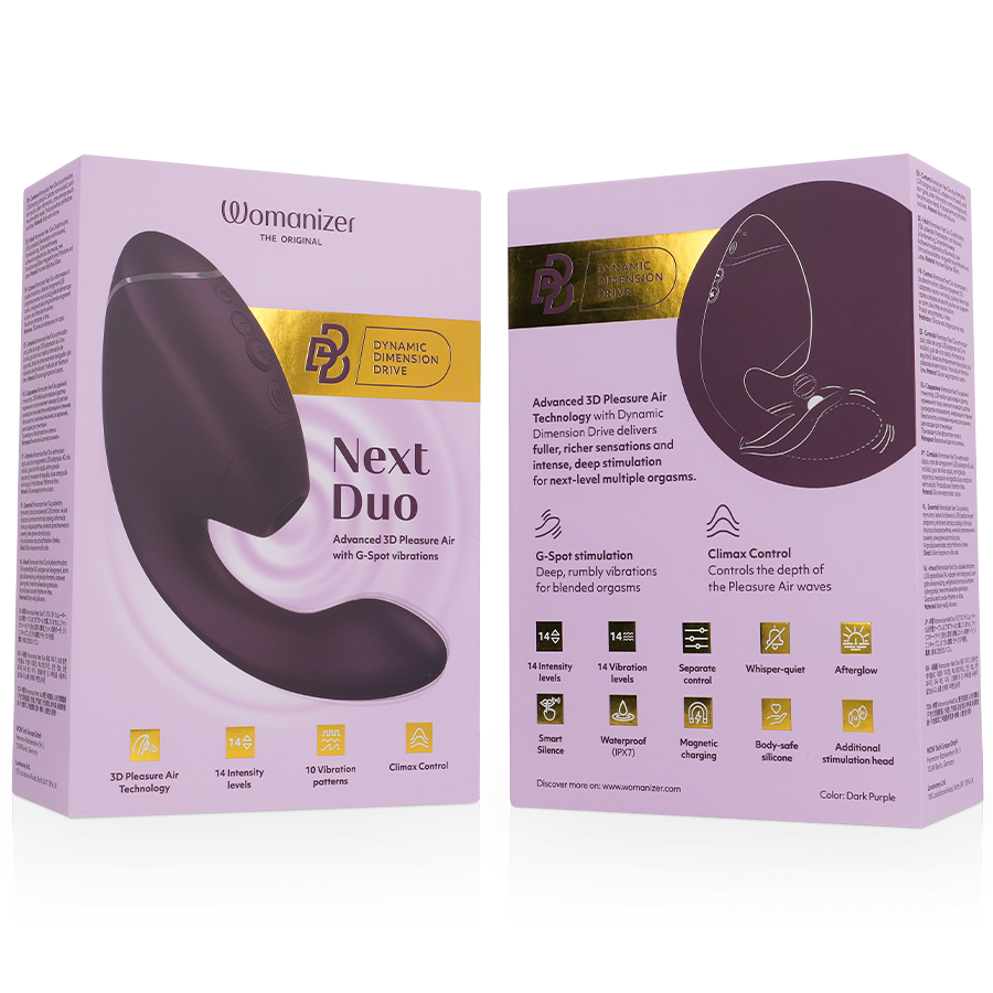 WOMANIZER - DUO NEXT STIMOLATORE DOPPIO CLITORIDEO E PUNTO G VIOLA SCURO – Stimolatore d'aria con vibrazione – foto 7
