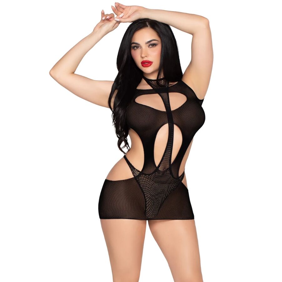 LEG AVENUE - 81680 MINI ABITO OPACO E TEDDY CON SCOLLO A V NERO - TAGLIA UNICA – Abiti sexy – foto 2