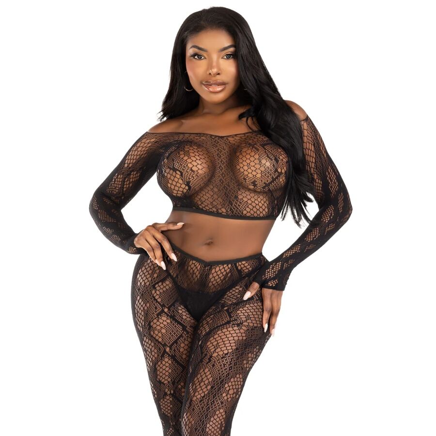 LEG AVENUE - 89373 TOP CORTO IN PITONE E COLLANT SENZA PIEDE NERO - TAGLIA UNICA – Top e mutandine