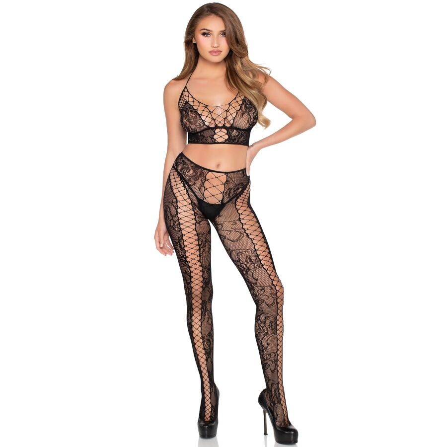 LEG AVENUE - 89368 TOP CORTO IN RETE E PIZZO E COLLANT NERO - TAGLIA UNICA – Top e mutandine