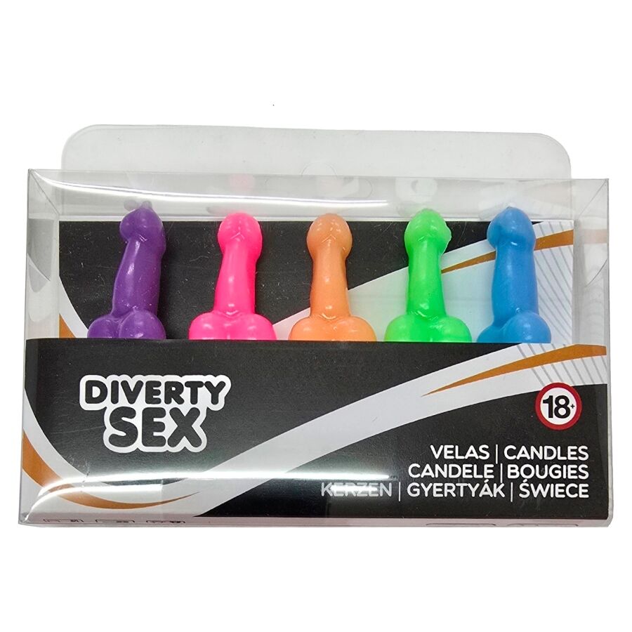DIABLO PICANTE - SCATOLA DA 5 CANDELE A FORMA DI PENE IN DIVERSI COLORI – Giochi di addio singoli