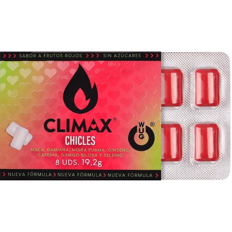 WUG Climax - Gomma da masticare funzionale con Maca, Damiana e Ginseng per aumentare il desiderio e la vitalità intima. BLISTER DA 8 PEZZI – Gengive stimolanti – foto 2