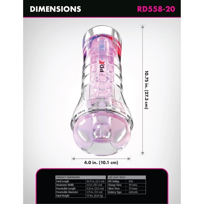 PDX ELITE - VIEWTUBE XXL LED TRASPARENTE STROKER 27,3 CM – Vari masturbatori – foto 5