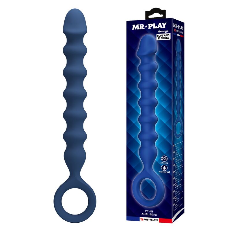 MR PLAY - PERLE ANAL IN SILICONE BLU E PLUG ANAL -Ø- 3,4 CM - 28,5 CM – Perline anali