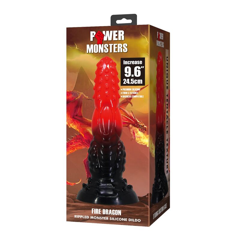 POWER MONSTERS - DILDO FANTASY DRAGO DI FUOCO CON VENTOSA 24,5 CM Ø 5,8 CM ROSSO E NERO – Falli senza vibrazioni – foto 2