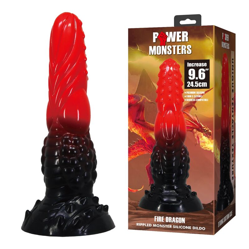 POWER MONSTERS - DILDO FANTASY DRAGO DI FUOCO CON VENTOSA 24,5 CM Ø 5,8 CM ROSSO E NERO – Falli senza vibrazioni – foto 8
