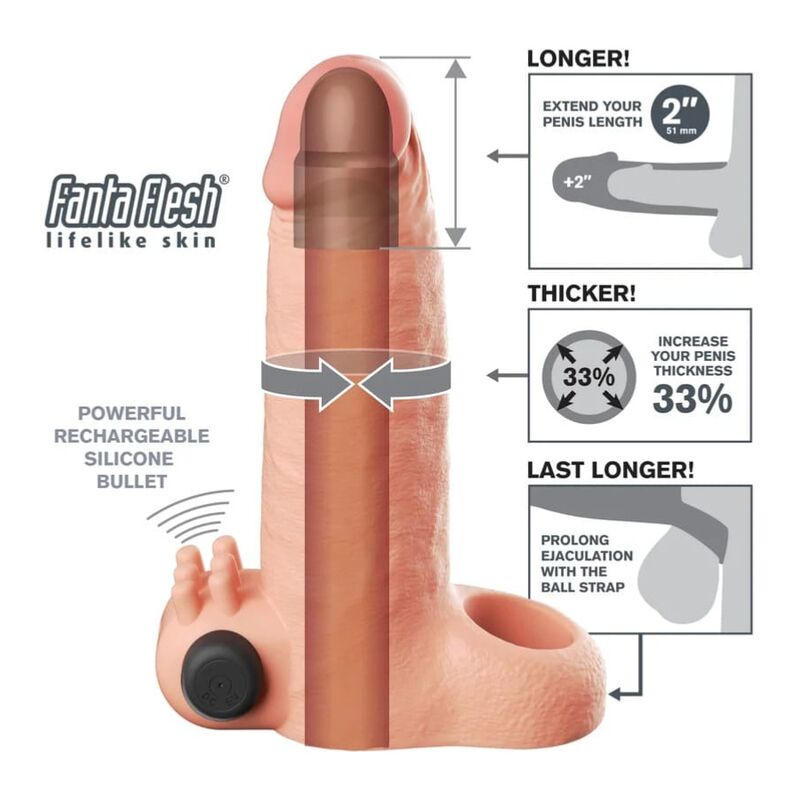 FANTASY X-TENSIONS - VIBRANTE REALISTICO MANICOTTO PER PENE DA 5 CM, BEIGE – Copri pene con estensione – foto 5